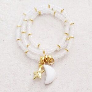 White + Gold Triple Wrap Bracelet! Moons & Stars! Girly Flirty Romantic Feminine